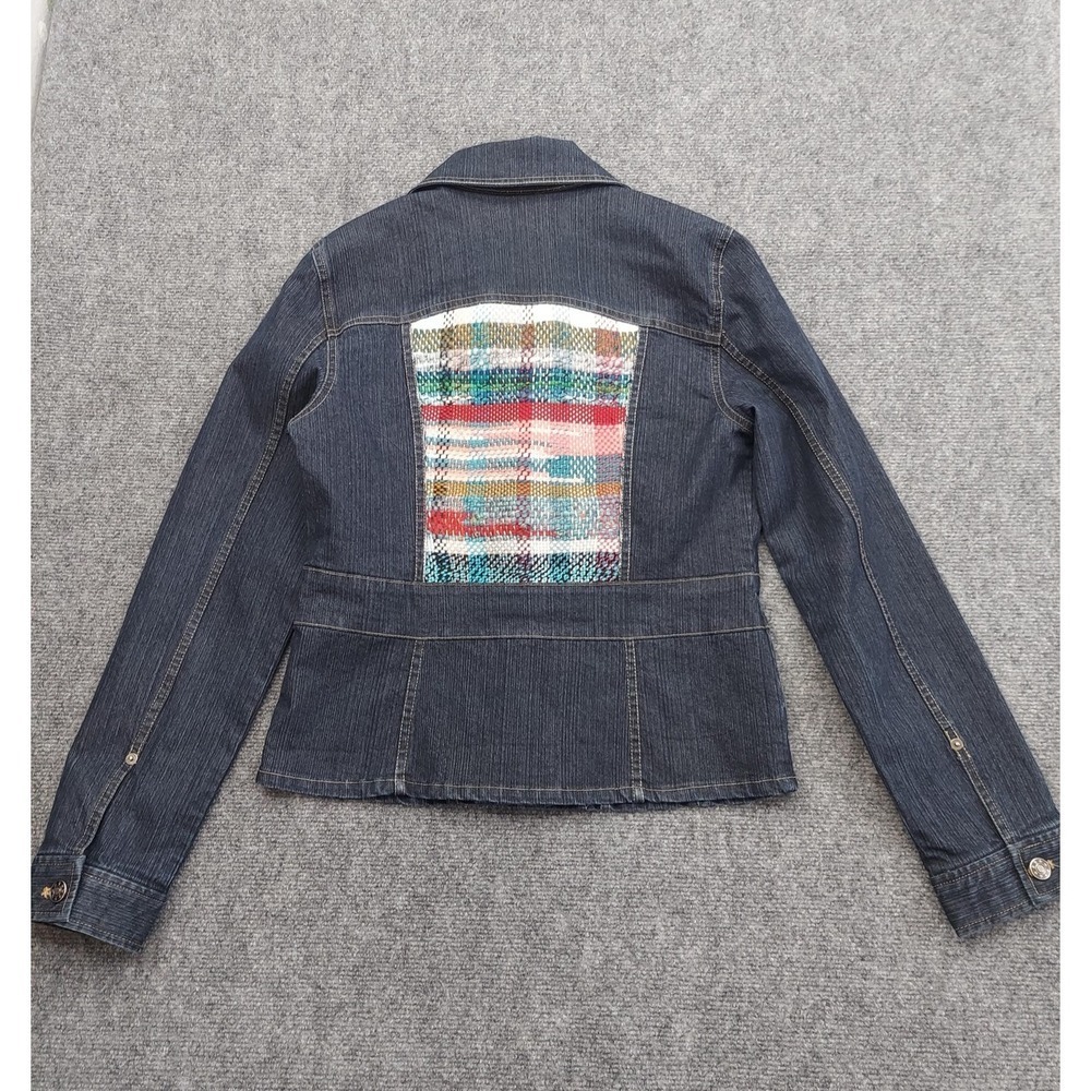 Vtg Bill Blass Denim Jacket Women Medium Petite Button Front Colorful Woven Back